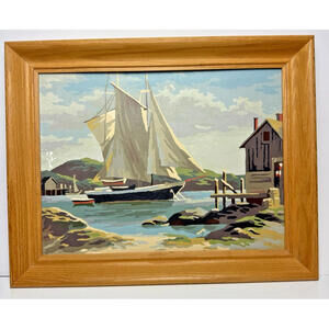 Vtg Paint by Numbers Sailboat Coastal Harbor Nautical Painting 16 x 12